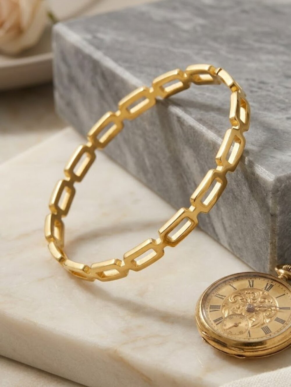 18K Gold Plated 316L Steel Open Link Chain Bangle Bracelet Old Money 2.28"